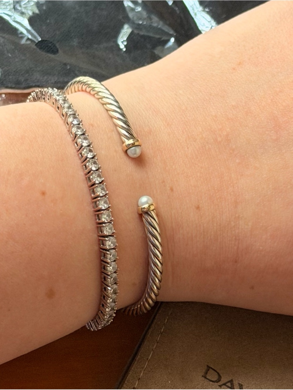 David Yurman Bracelet Cable Flex Sterling Silver 14K Gold and Pearls 4mm LARGE - Picture 7 of 10